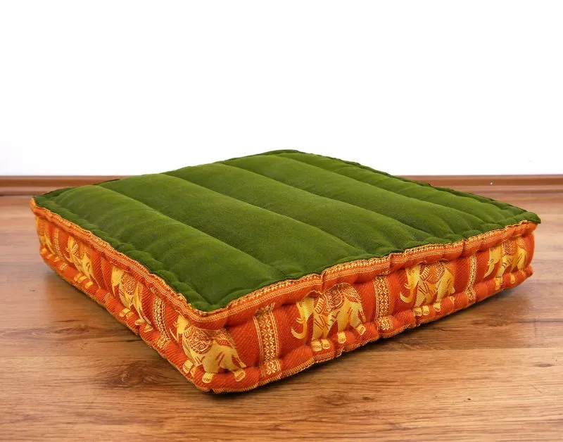 Kapok Bodensitzkissen, Deluxe (Grün/Orange/Elefanten Seide)