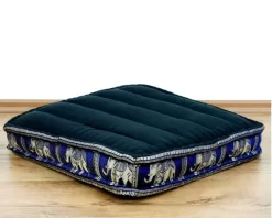Kapok Bodensitzkissen, Deluxe (Schwarz/Blau/Elefanten Seide)
